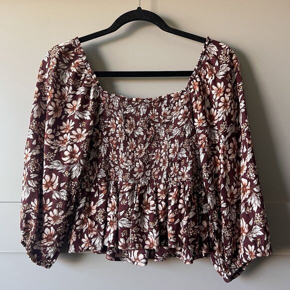American Eagle Women Top XS Brown Floral Cropped Boho Smocked Peplum Peasant - Picture 5 of 11